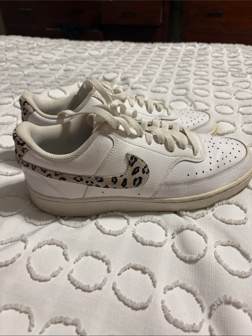 Nike Women's White Leather Sneakers with Leopard-Print Swoosh